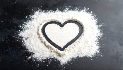 Heart-shaped flour dusting on a dark surface