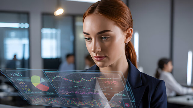 Female Data Analyst Examining Financial Charts on a Holographic Interface - Powered by Adobe