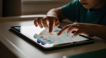 Child's fingers tap a tablet screen, engaging with educational apps in soft, natural light