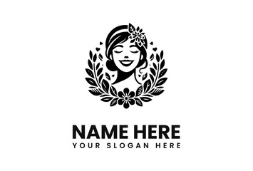 Elegant Womans Face with Floral Crown and Laurel Wreath Logo Design.