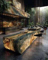 Luxurious Modern Kitchen Featuring Marble Countertop and Abundant Greenery in Bright Ambient Light