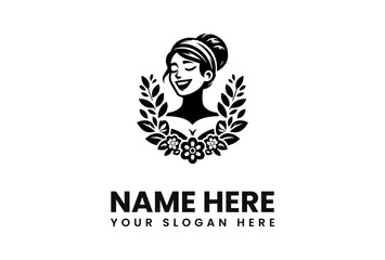 Joyful Woman Silhouette with Floral Wreath Logo Design.