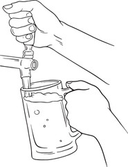 hand holding a beer mug while another hand operates a beer tap, pouring fresh beer into the glass. This simple black and white line art illustration captures the essence of serving drinks at a bar.