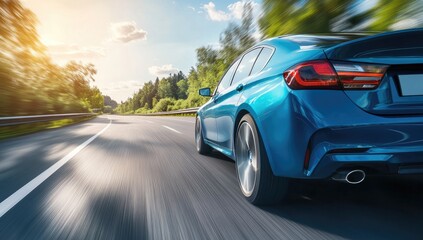 Blue car speeding on a highway, sunlit landscape