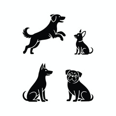 Set of Dog Silhouettes in Different Poses, Various Breeds, Sitting and Playing, Pet Animal Collection, Black and White Vector Illustration