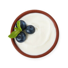 Tasty yoghurt with blueberries and mint in bowl isolated on white, top view