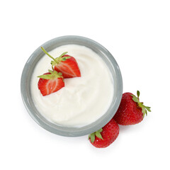 Tasty yoghurt with strawberries in bowl isolated on white, top view