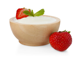 Tasty yoghurt with strawberries and mint in bowl isolated on white