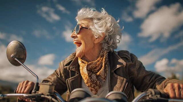 Coole Oma, Rentnerin f&auml;hrt mit einem Motorrad durch die Gegend, Generative AI
