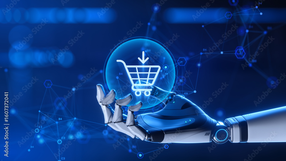 Poster robot hand holding add to cart icon - artificial intelligence in online shopping and e-commerce