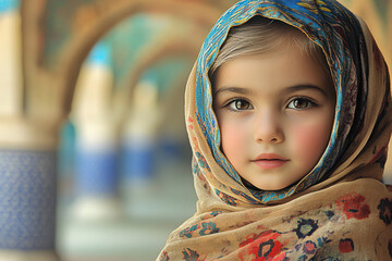Young girl in a vibrant headscarf captures attention with her expressive eyes in a historical location