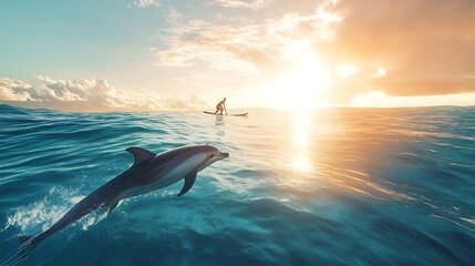 Surfer gliding ocean wall as dolphin jumps above high resolution picture