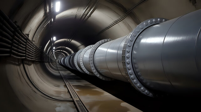 Large industrial pipeline running through a dark underground tunnel system with lights - Powered by Adobe