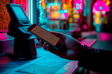 Person using mobile phone to make contactless payment at neon-lit urban location at night