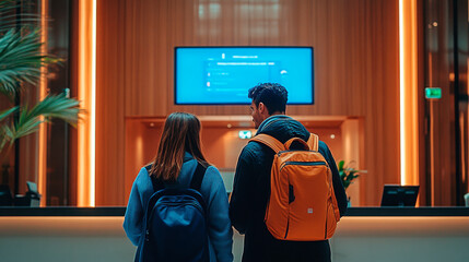 Young couple checking in at a modern hotel reception in the evening with vibrant lighting and a digital display