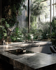 Modern Kitchen Interior Design Featuring Abundant Greenery and Natural Light in a Contemporary Space