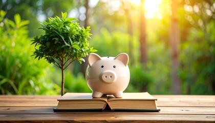 Piggy bank on open book in garden setting