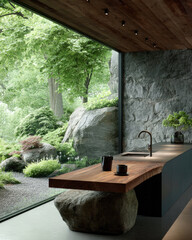 Modern Minimalist Kitchen With Wooden Countertop Overlooking Lush Green Garden And Stone Landscape