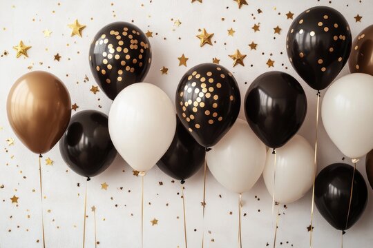 Black, white, and gold balloons with confetti stars on a white background.  A celebratory scene