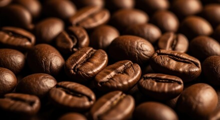 Fototapeta premium Close-up of roasted coffee beans, showcasing rich textures and warm, inviting tones