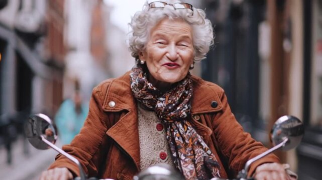 Coole Oma, Rentnerin f&auml;hrt mit einem Motorrad durch die Gegend, Generative AI