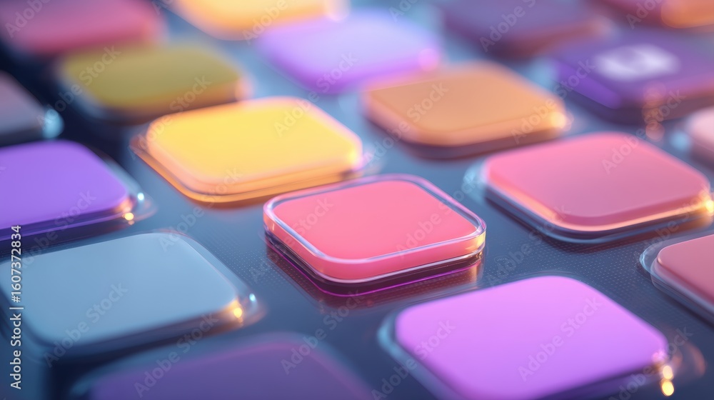 Poster colorful translucent square tiles with rounded edges arranged in a grid pattern, showcasing vibrant 