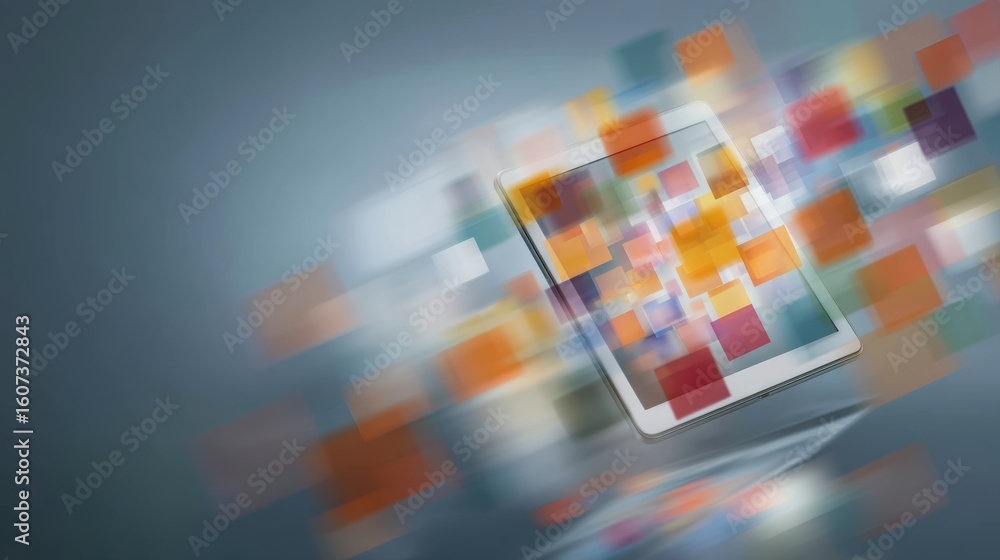 Poster digital tablet with colorful, floating translucent squares symbolizing apps or data transfer on a sl