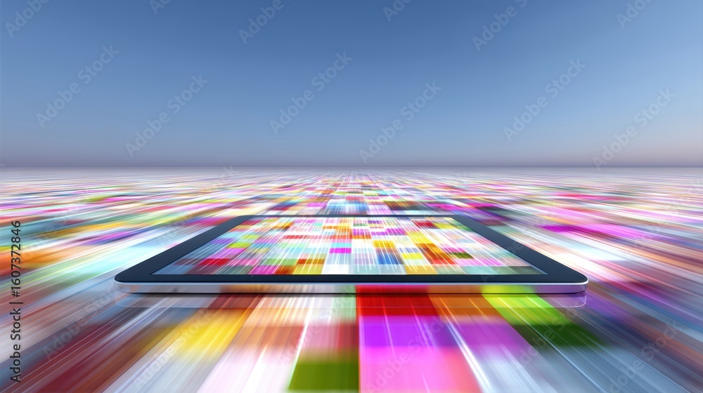 Poster a tablet screen displaying colorful app icons appears to zoom forward, symbolizing fast digital acce