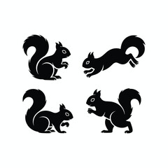 Set of Squirrel Silhouettes in Various Poses, Isolated Vector Illustration for Wildlife, Nature, Animal Icon, Logo, and Design Elements Collection.