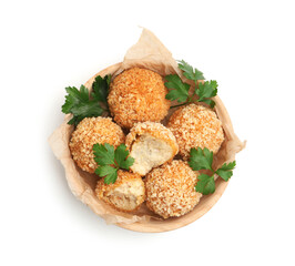Delicious fried croquette balls with parsley isolated on white, top view