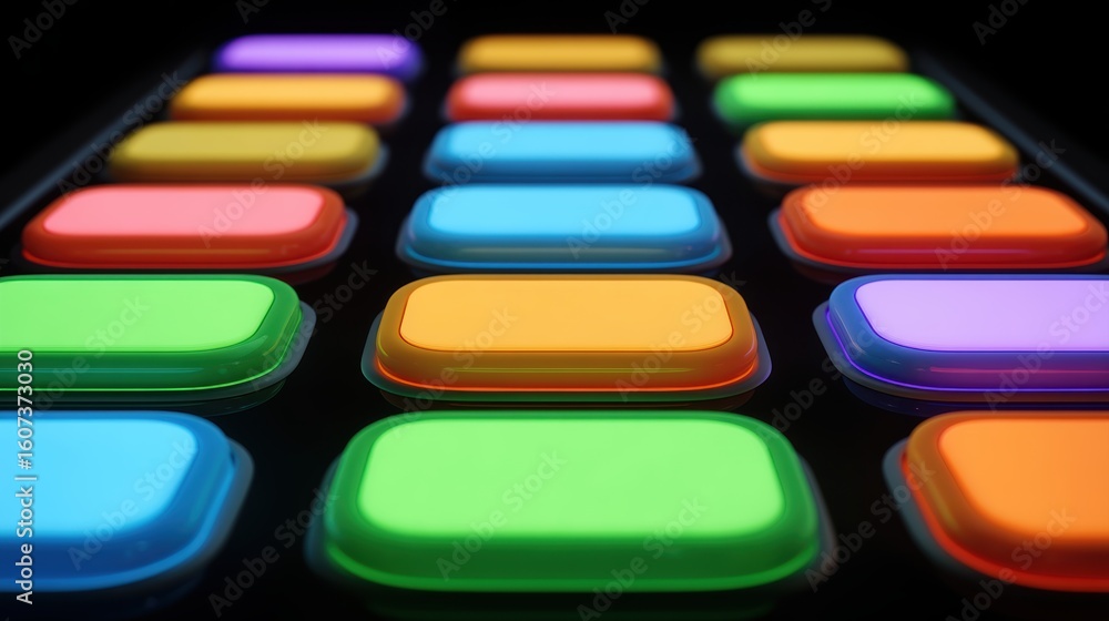 Poster colorful rounded rectangular buttons glowing on a dark surface, arranged in a grid pattern with vibr