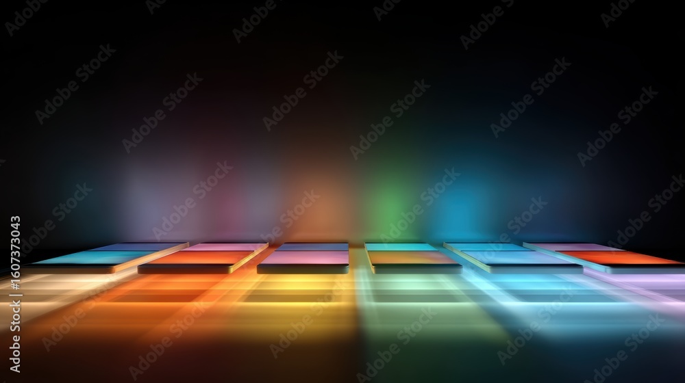 Poster abstract image of colorful, glowing rectangular panels floating in a dark space, creating a futurist