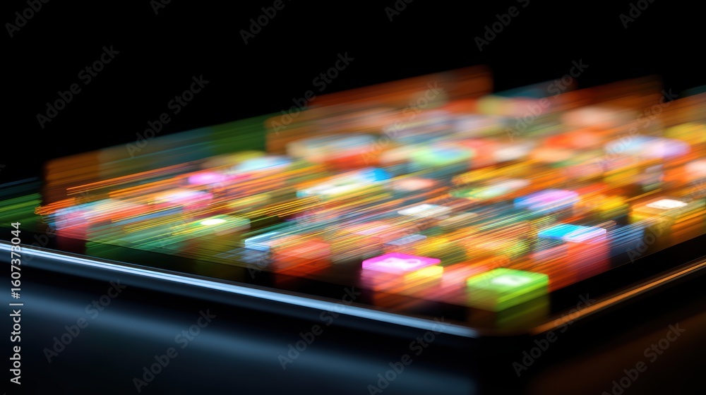 Poster blurred close-up of colorful illuminated keys on a backlit keyboard, creating a vibrant light trail 