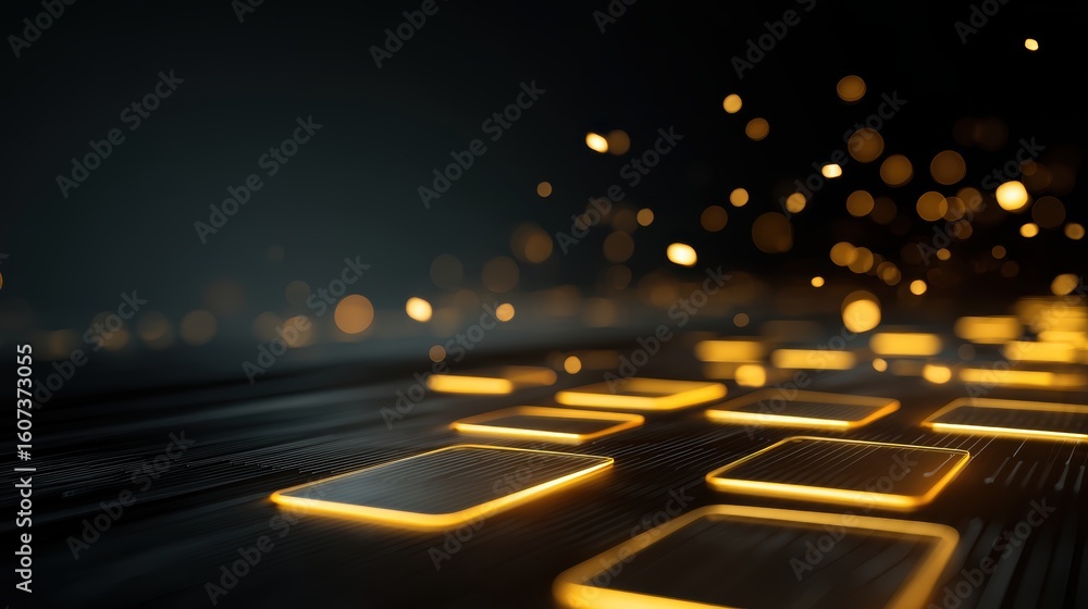 Poster futuristic digital interface with glowing orange squares and bokeh lights on a dark background, repr