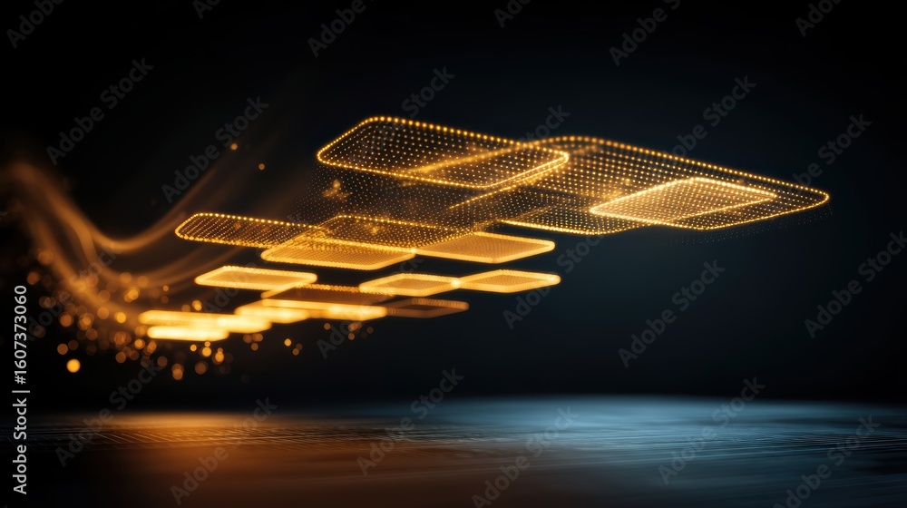 Poster futuristic glowing digital interface with floating golden rectangles and particles on a dark backgro