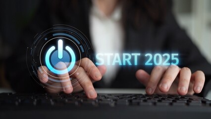 Start 2025 concept with futuristic power button symbolizing fresh beginnings, innovation, and...