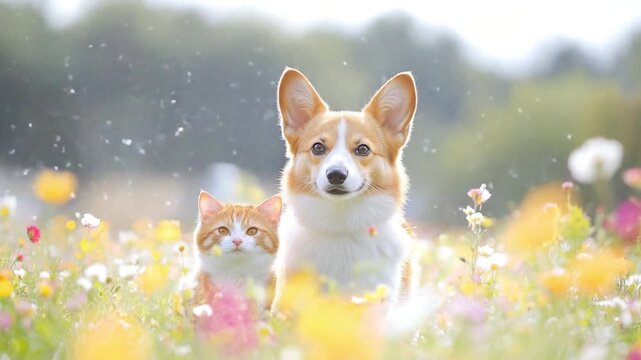 Corgi and Cat in Meadow: A heartwarming scene captures the unlikely friendship of a corgi and a cat, nestled together amidst a vibrant field of colorful wildflowers.