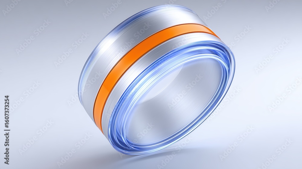 Fototapete abstract metallic ring with orange stripe and glassy texture on light background, modern design elem