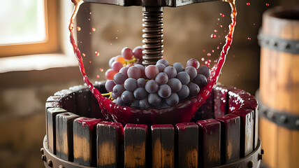 Grape crushing with traditional wine press and juice splashing around the grapes