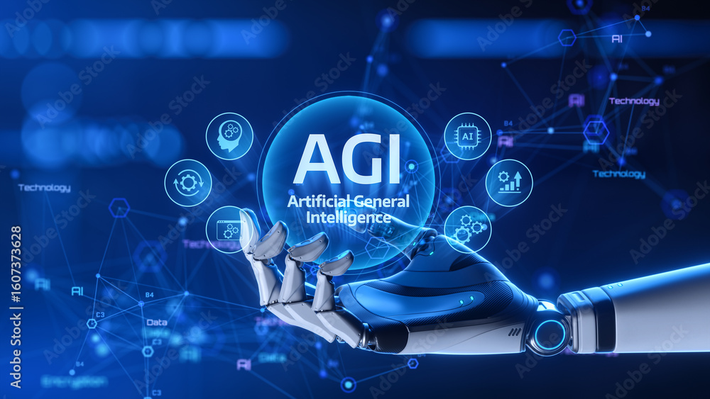 Poster agi artificial general intelligence concept with robotic hand and digital network background
