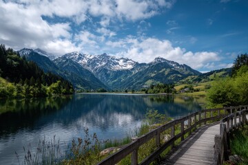 Naklejka premium Serene alpine lake reflecting majestic snow capped mountains under a cloudy sky with a winding path
