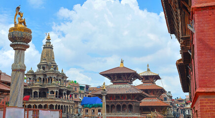 Historic Patan Durbar Square, a UNESCO World Heritage Site in Nepal showcasing traditional Newar architecture and ancient temples ideal for travel, culture, and history-themed media.