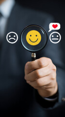 Person holding magnifying glass over happy face icon with sad and neutral faces nearby hand sad face