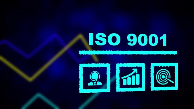 A ISO 9001 business concept on a flashing computer monitor with moving graphs and data. histogram business graph Statistic and data, information infographic on digital technology strategy background.