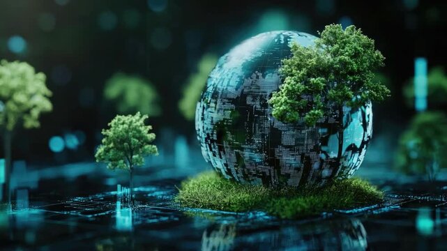 Futuristic digital globe with green trees representing environmental sustainability and technology in harmony with nature 4k video footage