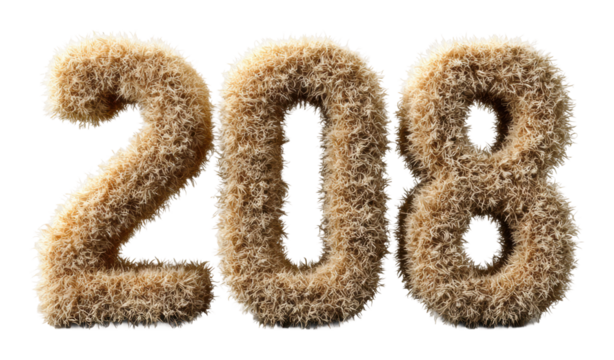 Natural rustic number 208 displayed in a creative environment organic design view isolated on transparent background
