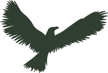 A dark silhouette of an eagle in flight with wings spread wide, isolated on a white background