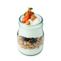 Tasty yogurt with granola and berries in glass jar isolated on white