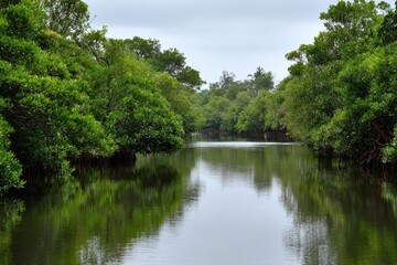 Fototapeta premium Serene emerald waterway meandering through lush verdant tropical forest under a cloudy sky