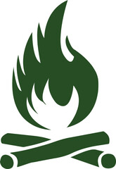 A green graphic icon representing a campfire with flames and logs